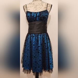 Morgan & Co. Vibrant Blue Polka Dot With Black Tulle And Accents Dress. Size 7/8